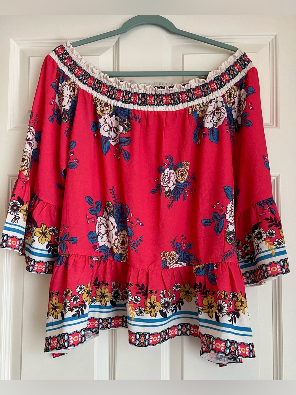 Flying Tomato Bright Red Floral Off-Shoulder Tunic
